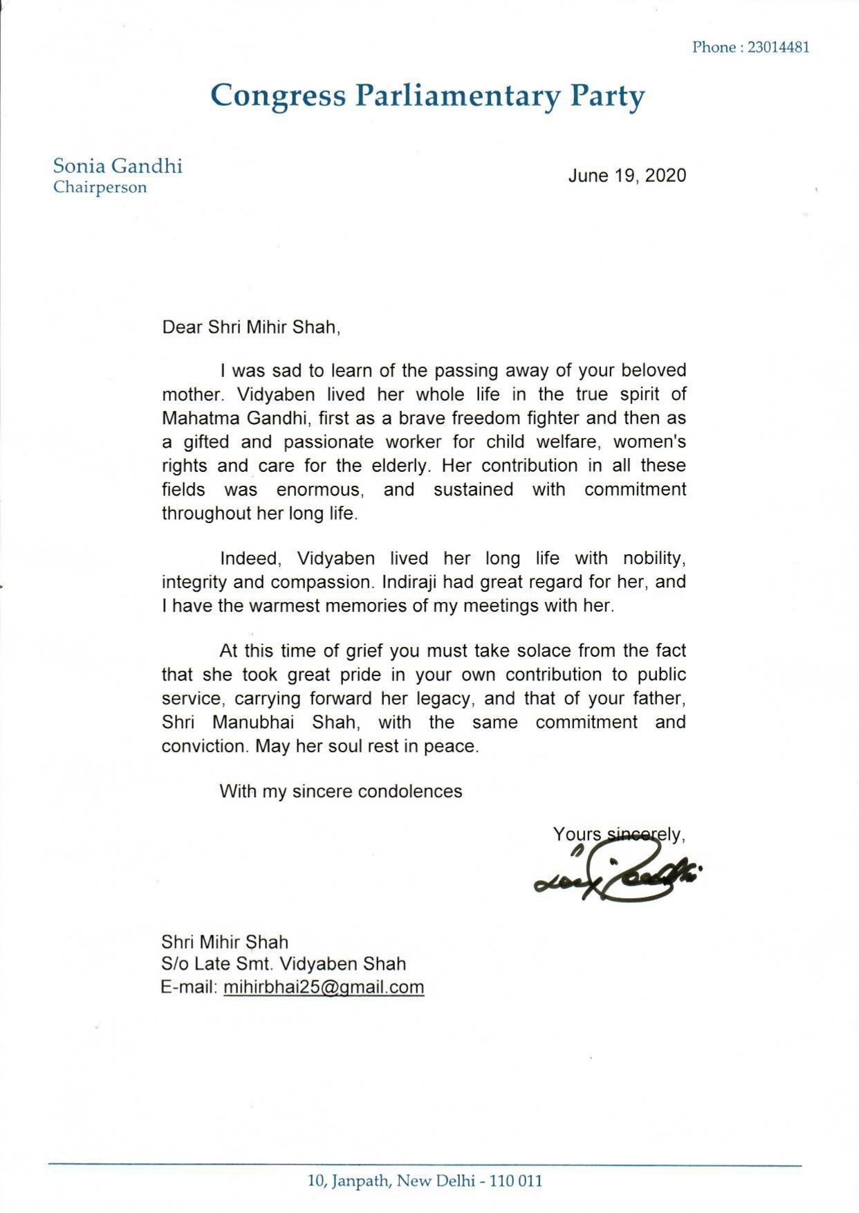 Letter of Smt Sonia Gandhi
